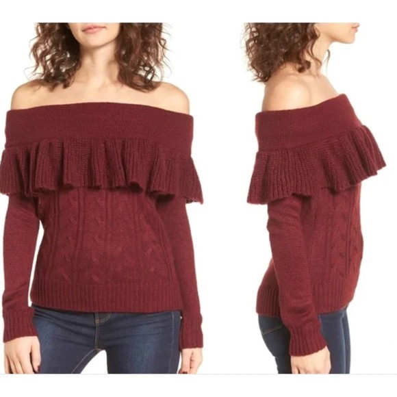 WAYF SHELDON OFF SHOULDER RUFFLE KNIT SWEATER IN RED TANNIN MEDIUM - Picture 1 of 9